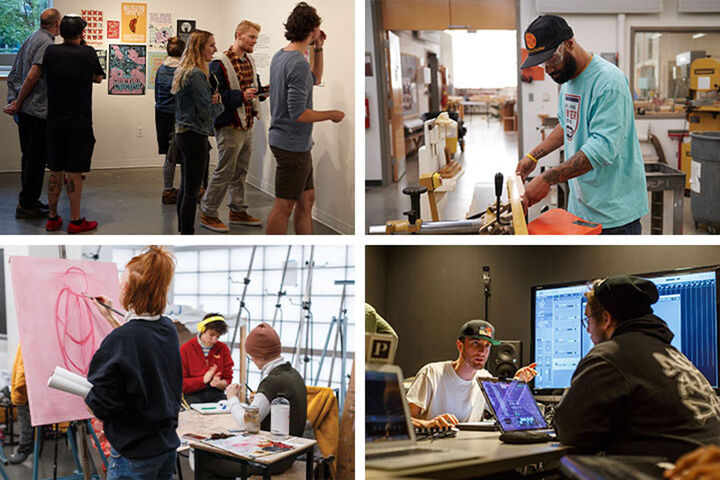 A collage of four images representing art & design. Clockwise from top left: Cathead Press exhibition installation view with visitors (image courtesy of Iman Pirzadeh); furniture design student (image courtesy of Esther Boston); music technology students (image courtesy of Liz Kaye/IU); drawing and painting students (image courtesy of Liz Kaye/IU).